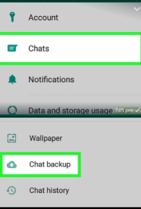 2. Now click on the setting option and select chats then select chat backup.