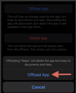 4. To clear the storage and catches you need to select the offload app option. A pop up will appear again of the offload app and select.