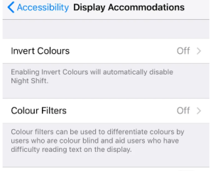 2. Then select display accommodations then select colour filters.